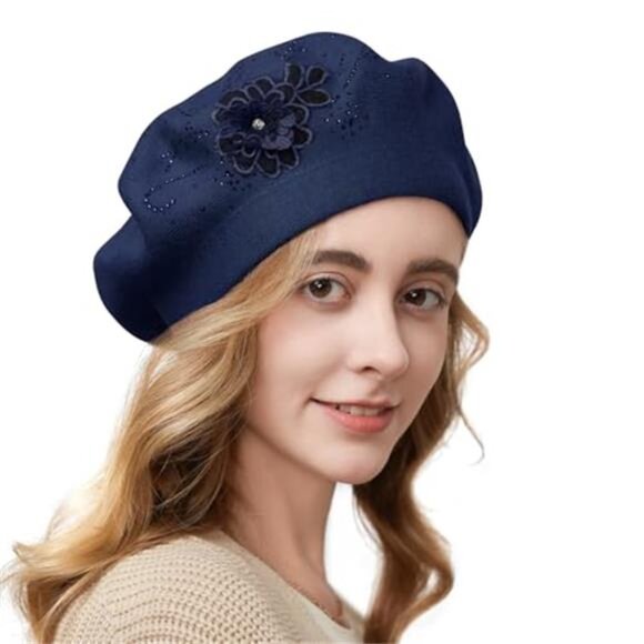 Women's Flower Embroidery Beret Hat French Style Knitted Beret Hat